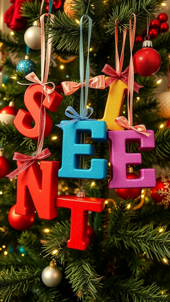 Colorful DIY letter ornaments hanging on a Christmas tree.